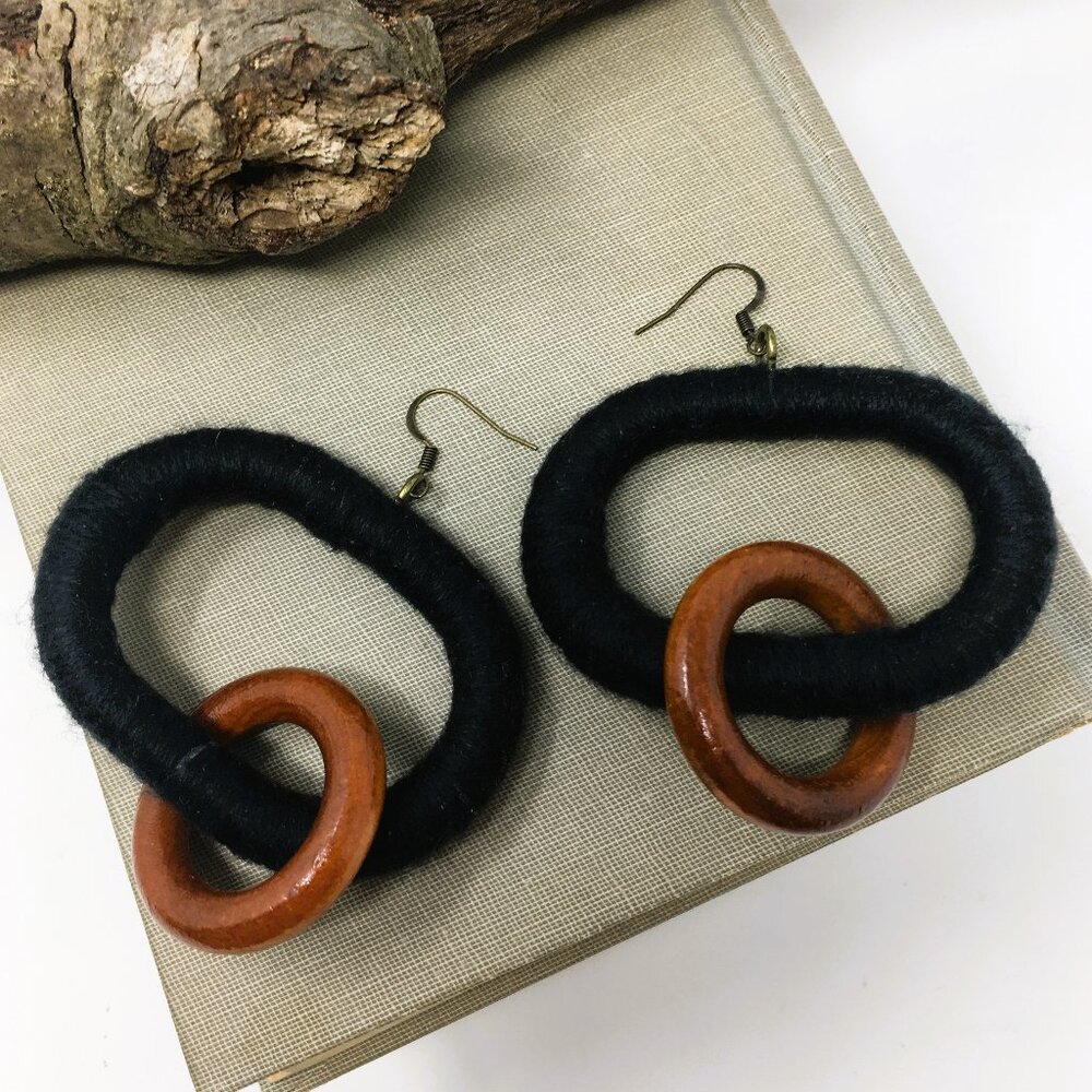 Handmade Oval Black Acrylic Wrapped Chunky Wood Dangle Chain Earrings